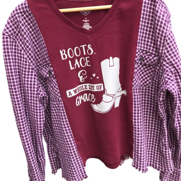 Upcycled Tee, Flannel Sleeves, Size M-L: Reworked Cowgirl Boot Graphic Shirt - Picture 10 of 10